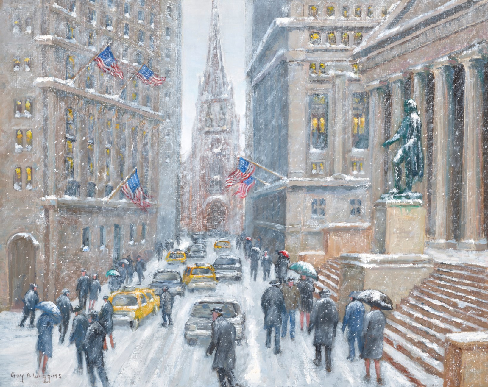 GUY ARTHUR WIGGINS (1920-2020) Winter on 'The Street' (Wall St. Looking West Toward Trinity Church)