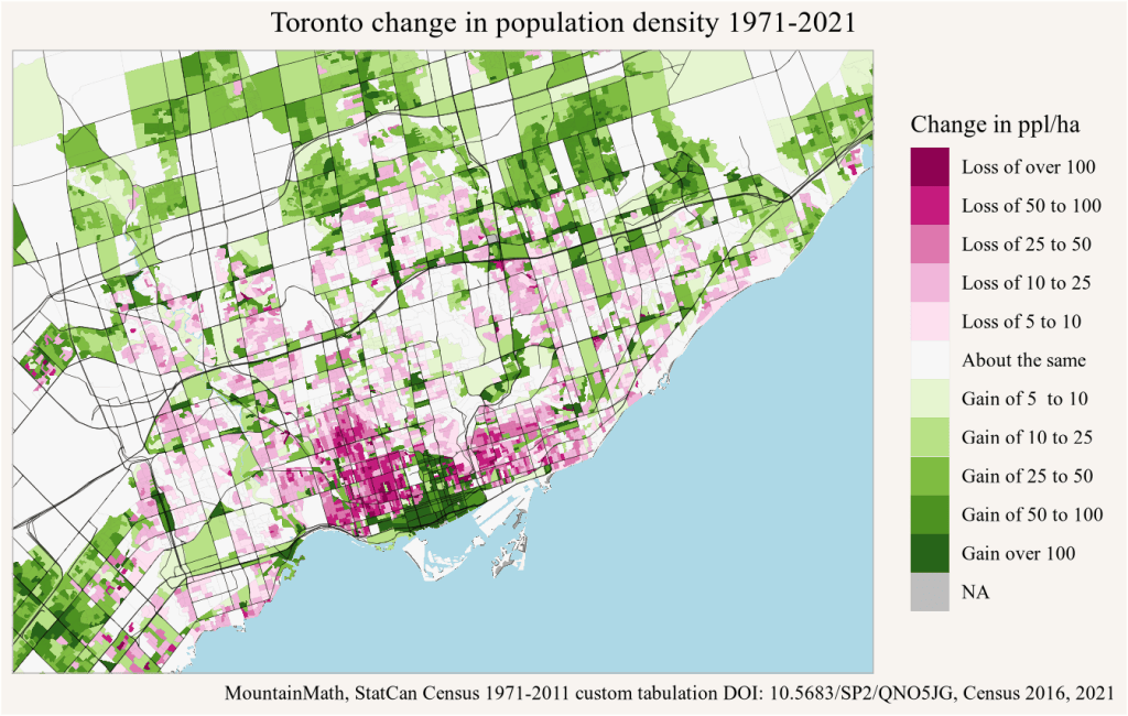 A map of Toronto showing the increase or decrease in population in various areas between 1971 and 2021.